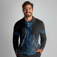 Blue Aotearoa Mangopare Kowhaiwhai and Niho Taniwha Long Sleeve Polo Shirt Maori New Zealand