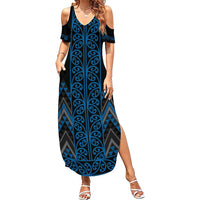 Blue Aotearoa Mangopare Kowhaiwhai and Niho Taniwha Summer Maxi Dress Maori New Zealand