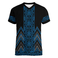 Blue Aotearoa Mangopare Kowhaiwhai and Niho Taniwha Women V-Neck T-Shirt Maori New Zealand LT14 Female Blue - Polynesian Pride