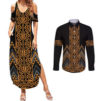 Gold Aotearoa Mangopare Kowhaiwhai and Niho Taniwha Couples Matching Summer Maxi Dress and Long Sleeve Button Shirt Maori New Zealand LT14 Gold - Polynesian Pride