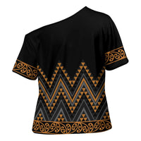 Gold Aotearoa Mangopare Kowhaiwhai Niho Taniwha Cross Shoulder Shirt Maori New Zealand - Polynesian Pride