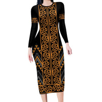 Gold Aotearoa Mangopare Kowhaiwhai and Niho Taniwha Family Matching Long Sleeve Bodycon Dress and Hawaiian Shirt Maori New Zealand LT14 Mom's Dress Gold - Polynesian Pride