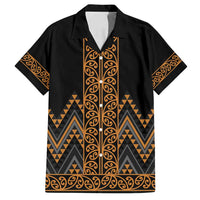 Gold Aotearoa Mangopare Kowhaiwhai and Niho Taniwha Family Matching Off Shoulder Maxi Dress and Hawaiian Shirt Maori New Zealand