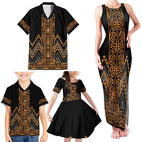 Gold Aotearoa Mangopare Kowhaiwhai and Niho Taniwha Family Matching Tank Maxi Dress and Hawaiian Shirt Maori New Zealand LT14 - Polynesian Pride