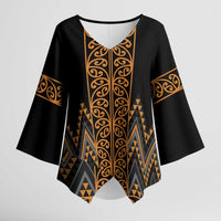 Gold Aotearoa Mangopare Kowhaiwhai Niho Taniwha Kimono Sleeve Blouse Maori New Zealand - Polynesian Pride