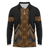 Gold Aotearoa Mangopare Kowhaiwhai and Niho Taniwha Long Sleeve Polo Shirt Maori New Zealand