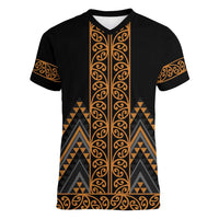 Gold Aotearoa Mangopare Kowhaiwhai and Niho Taniwha Women V-Neck T-Shirt Maori New Zealand LT14 Female Gold - Polynesian Pride