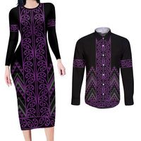 Purple Aotearoa Mangopare Kowhaiwhai and Niho Taniwha Couples Matching Long Sleeve Bodycon Dress and Long Sleeve Button Shirt Maori New Zealand LT14 Purple - Polynesian Pride