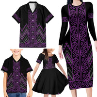 Purple Aotearoa Mangopare Kowhaiwhai and Niho Taniwha Family Matching Long Sleeve Bodycon Dress and Hawaiian Shirt Maori New Zealand LT14 - Polynesian Pride