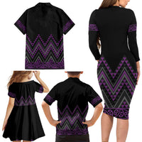 Purple Aotearoa Mangopare Kowhaiwhai and Niho Taniwha Family Matching Long Sleeve Bodycon Dress and Hawaiian Shirt Maori New Zealand LT14 - Polynesian Pride