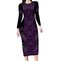 Purple Aotearoa Mangopare Kowhaiwhai and Niho Taniwha Long Sleeve Bodycon Dress Maori New Zealand