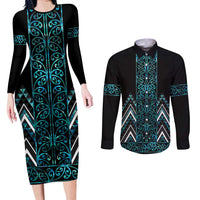 Paua Shell Aotearoa Mangopare Kowhaiwhai and Niho Taniwha Couples Matching Long Sleeve Bodycon Dress and Long Sleeve Button Shirt Maori New Zealand LT14 Turquoise - Polynesian Pride