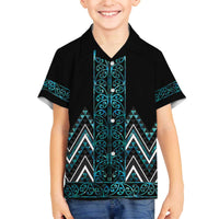 Paua Shell Aotearoa Mangopare Kowhaiwhai and Niho Taniwha Family Matching Off The Shoulder Long Sleeve Dress and Hawaiian Shirt Maori New Zealand