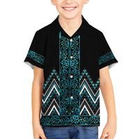 Paua Shell Aotearoa Mangopare Kowhaiwhai and Niho Taniwha Family Matching Summer Maxi Dress and Hawaiian Shirt Maori New Zealand LT14 Son's Shirt Turquoise - Polynesian Pride