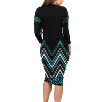 Paua Shell Aotearoa Mangopare Kowhaiwhai and Niho Taniwha Long Sleeve Bodycon Dress Maori New Zealand