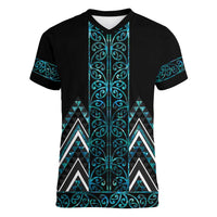 Paua Shell Aotearoa Mangopare Kowhaiwhai and Niho Taniwha Women V-Neck T-Shirt Maori New Zealand LT14 Female Turquoise - Polynesian Pride