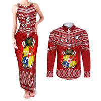 Tonga Rugby Couples Matching Tank Maxi Dress and Long Sleeve Button Shirts 2023 World Cup Tongan Kupesi Ngatu Pattern LT14 Red - Polynesian Pride
