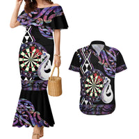 Personalised New Zealand Darts Couples Matching Mermaid Dress and Hawaiian Shirt Ngutukaka Manaia Taniko Luxury Purple - Polynesian Pride