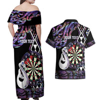 Personalised New Zealand Darts Couples Matching Off Shoulder Maxi Dress and Hawaiian Shirt Ngutukaka Manaia Taniko Luxury Purple - Polynesian Pride