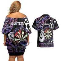 Personalised New Zealand Darts Couples Matching Off Shoulder Short Dress and Hawaiian Shirt Ngutukaka Manaia Taniko Luxury Purple - Polynesian Pride