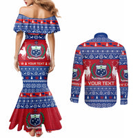 Personalised Samoa Christmas Couples Matching Mermaid Dress and Long Sleeve Button Shirts Samoan Coat Of Arms Manuia Le Kirisimas LT14 - Polynesian Pride