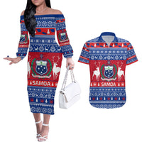 Personalised Samoa Christmas Couples Matching Off The Shoulder Long Sleeve Dress and Hawaiian Shirt Samoan Coat Of Arms Manuia Le Kirisimas LT14 Blue - Polynesian Pride