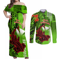 Personalised Hawaii Christmas Couples Matching Off Shoulder Maxi Dress and Long Sleeve Button Shirts Mele Kalikimaka Kakau Polynesian Shark Tattoo LT14 Green - Polynesian Pride