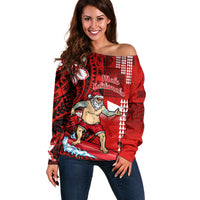 Personalised Hawaii Christmas Off Shoulder Sweater Mele Kalikimaka Surfing Santa Claus LT14 Women Red - Polynesian Pride