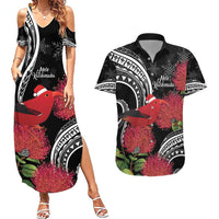 Personalized Mele Kalikimaka Hawaii Couples Matching Summer Maxi Dress and Hawaiian Shirt I'iwi Bird With Ohia Lehua - Black Color