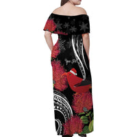 Personalized Mele Kalikimaka Hawaii Family Matching Off Shoulder Maxi Dress and Hawaiian Shirt I'iwi Bird With Ohia Lehua - Black Color LT14 - Polynesian Pride