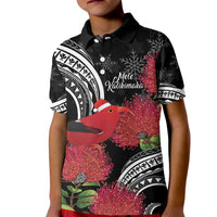 Personalized Mele Kalikimaka Hawaii Kid Polo Shirt I'iwi Bird With Ohia Lehua - Black Color LT14 Kid Black - Polynesian Pride