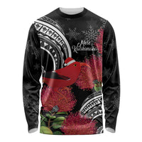 Personalized Mele Kalikimaka Hawaii Long Sleeve Shirt I'iwi Bird With Ohia Lehua - Black Color LT14 Unisex Black - Polynesian Pride