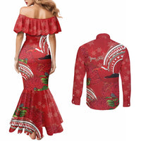 Personalized Mele Kalikimaka Hawaii Couples Matching Mermaid Dress and Long Sleeve Button Shirt I'iwi Bird With Ohia Lehua - Red Color