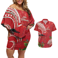 Personalized Mele Kalikimaka Hawaii Couples Matching Off Shoulder Short Dress and Hawaiian Shirt I'iwi Bird With Ohia Lehua - Red Color