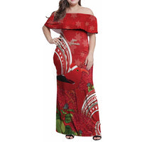 Personalized Mele Kalikimaka Hawaii Family Matching Off Shoulder Maxi Dress and Hawaiian Shirt I'iwi Bird With Ohia Lehua - Red Color LT14 Mom's Dress Red - Polynesian Pride