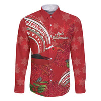 Personalized Mele Kalikimaka Hawaii Family Matching Off Shoulder Short Dress and Hawaiian Shirt I'iwi Bird With Ohia Lehua - Red Color LT14 Dad's Shirt - Long Sleeve Red - Polynesian Pride