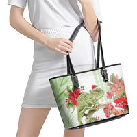 Pastel Green Hawaii Chameleon Christmas Leather Tote Bag Mele Kalikimaka Kakau - Watercolor