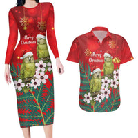 New Zealand Kakapo Christmas Couples Matching Long Sleeve Bodycon Dress and Hawaiian Shirt Owl Parrot Santa Sliver Fern Manuka - Red LT14 Red - Polynesian Pride