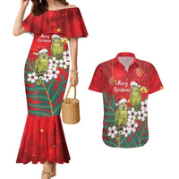 New Zealand Kakapo Christmas Couples Matching Mermaid Dress and Hawaiian Shirt Owl Parrot Santa Sliver Fern Manuka - Red LT14 Red - Polynesian Pride
