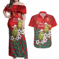 New Zealand Kakapo Christmas Couples Matching Off Shoulder Maxi Dress and Hawaiian Shirt Owl Parrot Santa Sliver Fern Manuka - Red LT14 Red - Polynesian Pride