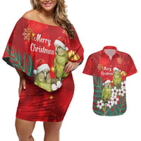 New Zealand Kakapo Christmas Couples Matching Off Shoulder Short Dress and Hawaiian Shirt Owl Parrot Santa Sliver Fern Manuka - Red - Polynesian Pride