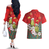 New Zealand Kakapo Christmas Couples Matching Off The Shoulder Long Sleeve Dress and Hawaiian Shirt Owl Parrot Santa Sliver Fern Manuka - Red LT14 - Polynesian Pride