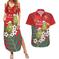 New Zealand Kakapo Christmas Couples Matching Summer Maxi Dress and Hawaiian Shirt Owl Parrot Santa Sliver Fern Manuka - Red LT14 Red - Polynesian Pride