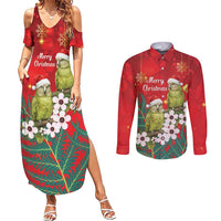 New Zealand Kakapo Christmas Couples Matching Summer Maxi Dress and Long Sleeve Button Shirt Owl Parrot Santa Sliver Fern Manuka - Red LT14 Red - Polynesian Pride