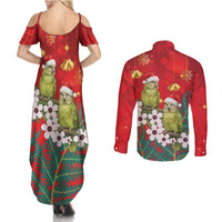 New Zealand Kakapo Christmas Couples Matching Summer Maxi Dress and Long Sleeve Button Shirt Owl Parrot Santa Sliver Fern Manuka - Red LT14 - Polynesian Pride