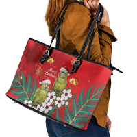 New Zealand Kakapo Christmas Leather Tote Bag Owl Parrot Santa Sliver Fern Manuka - Red - Polynesian Pride