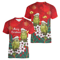 New Zealand Kakapo Christmas Women V-Neck T-Shirt Owl Parrot Santa Sliver Fern Manuka - Red LT14 - Polynesian Pride