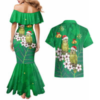 New Zealand Kakapo Christmas Couples Matching Mermaid Dress and Hawaiian Shirt Owl Parrot Santa Sliver Fern Manuka - Green LT14 - Polynesian Pride