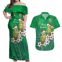 New Zealand Kakapo Christmas Couples Matching Off Shoulder Maxi Dress and Hawaiian Shirt Owl Parrot Santa Sliver Fern Manuka - Green LT14 Green - Polynesian Pride