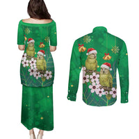 New Zealand Kakapo Christmas Couples Matching Puletasi and Long Sleeve Button Shirt Owl Parrot Santa Sliver Fern Manuka - Green LT14 - Polynesian Pride